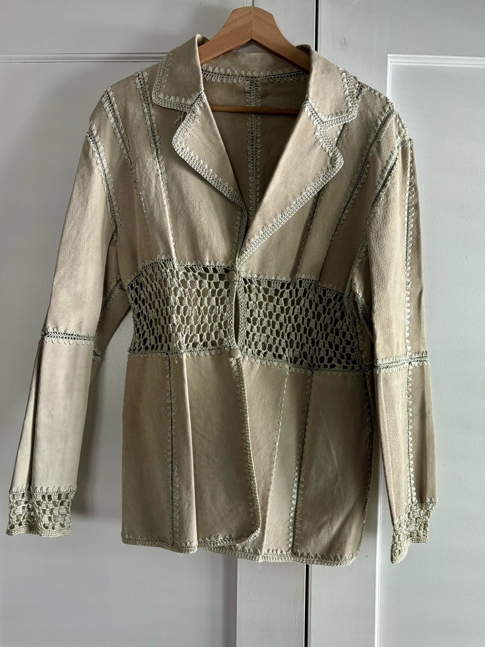 Unique Handmade 100% Leather Crochet-Panel Blazer Jacket Size S/M